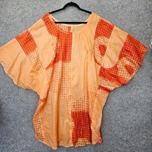 Linen Kaftan Dress Womens M XL Orange Patchwork Sheer Lagenlook Boho Oversized